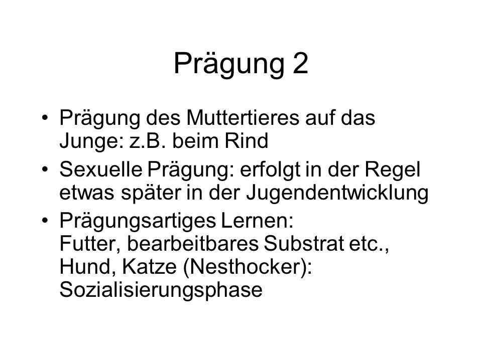 Prägung 2 Prägung des Muttertieres auf das Junge: z.B. beim Rind