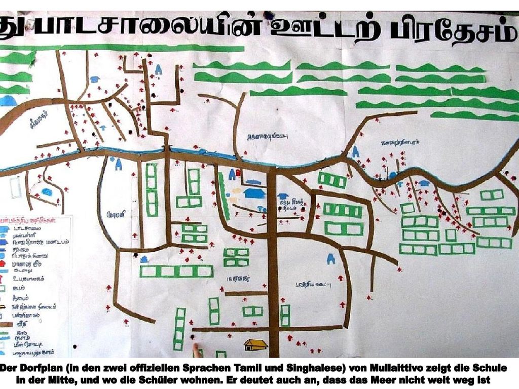 Der Dorfplan (in den zwei offiziellen Sprachen Tamil und Singhalese) von Mullaittivo zeigt die Schule