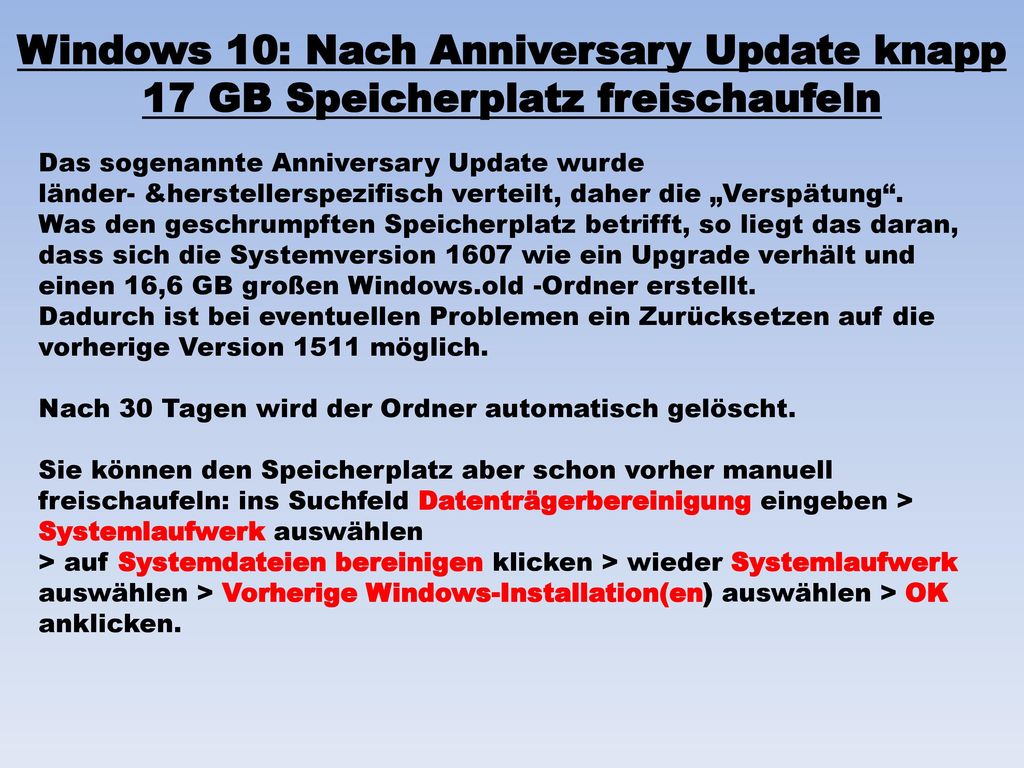 Windows 10: Nach Anniversary Update knapp 17 GB Speicherplatz freischaufeln