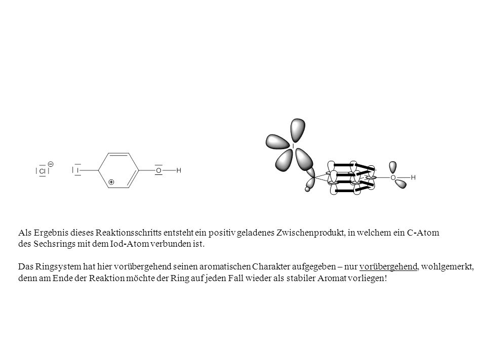 Als Ergebnis dieses Reaktionsschritts entsteht ein positiv geladenes Zwischenprodukt, in welchem ein C-Atom