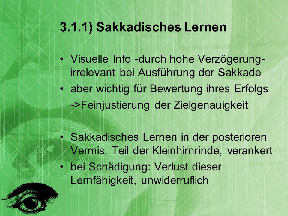 3.1.1) Sakkadisches Lernen Visuelle Info -durch hohe Verzögerung- irrelevant bei Ausführung der Sakkade.