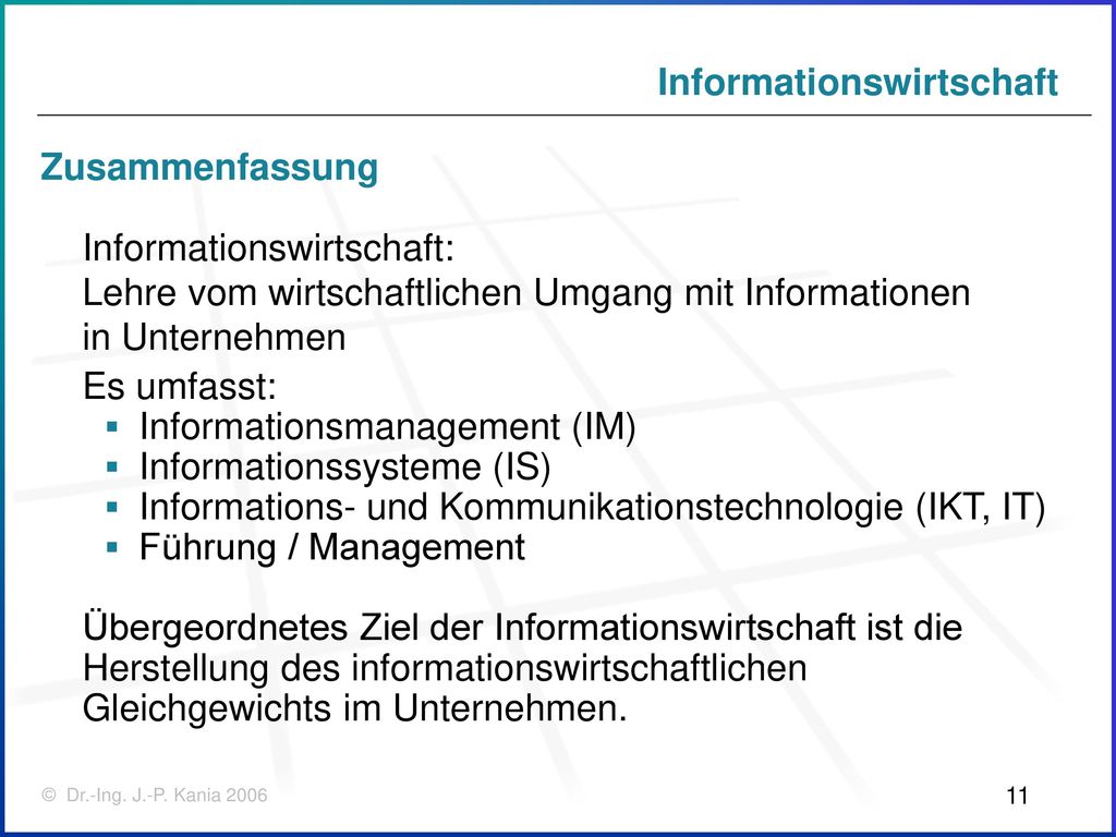 Zusammenfassung Informationswirtschaft: Lehre vom wirtschaftlichen Umgang mit Informationen in Unternehmen.