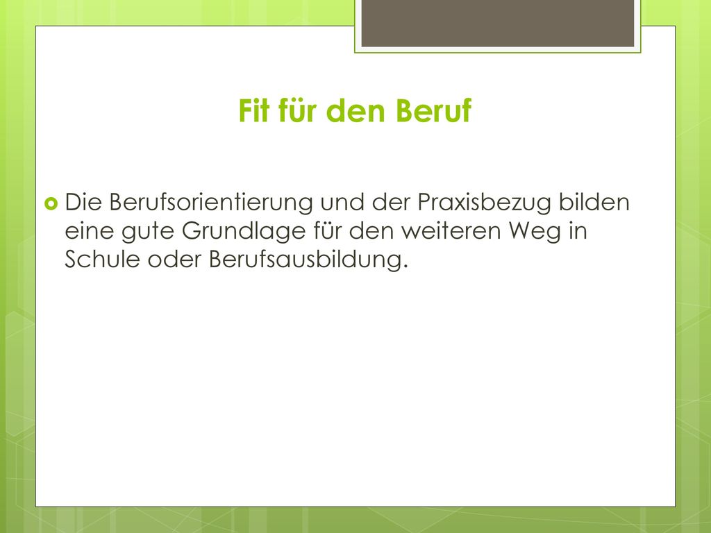 Fit für den Beruf Die Berufsorientierung und der Praxisbezug bilden eine gute Grundlage für den weiteren Weg in Schule oder Berufsausbildung.