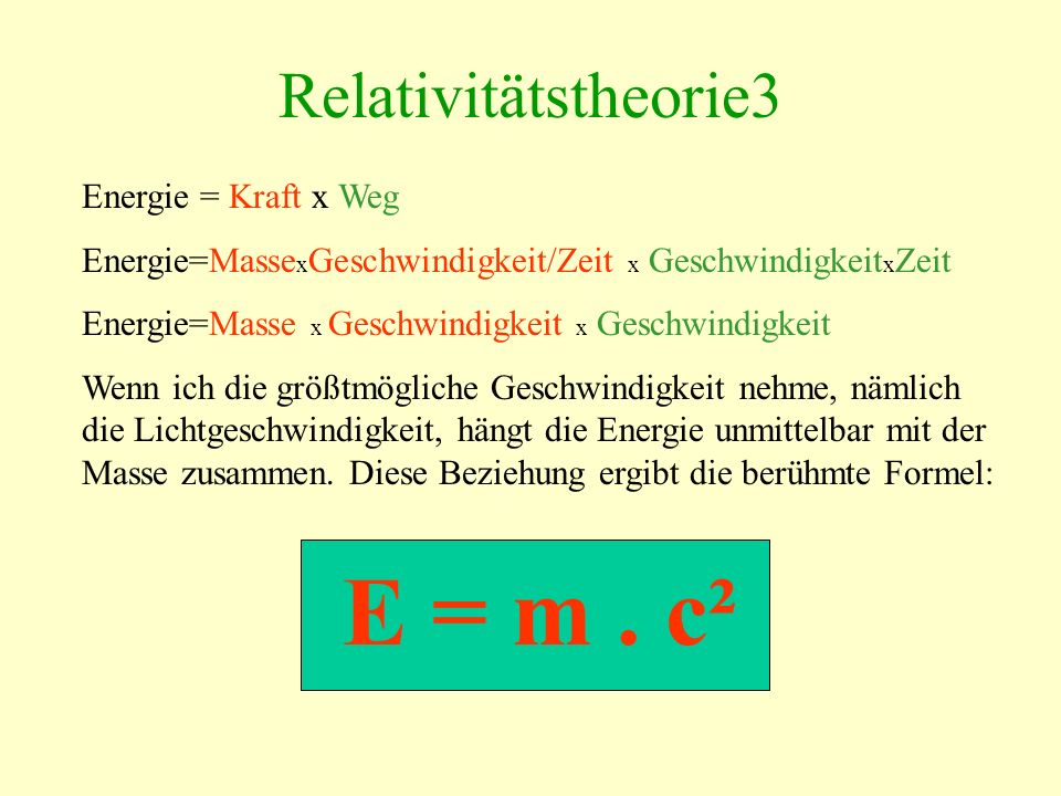 E = m . c² Relativitätstheorie3 Energie = Kraft x Weg