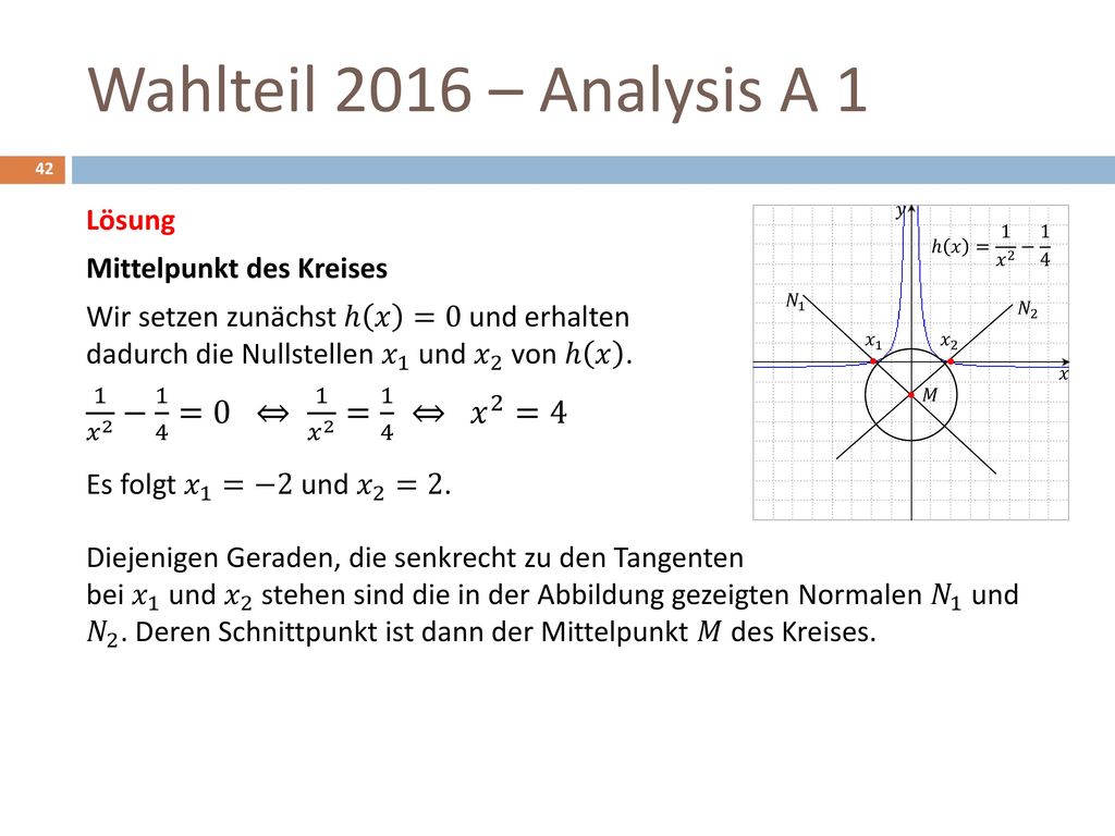 Wahlteil 2016 – Analysis A 1 1 𝑥 2 − 1 4 =0 ⇔ 1 𝑥 2 = 1 4 ⇔ 𝑥 2 =4