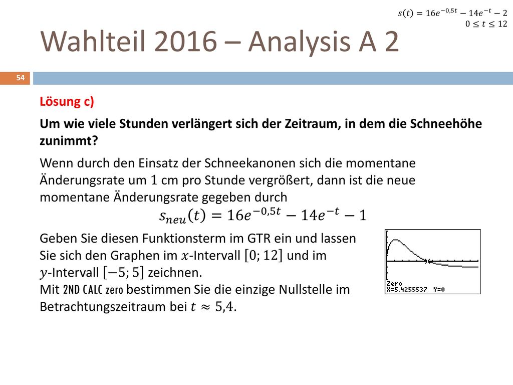 Wahlteil 2016 – Analysis A 2 𝑠 𝑛𝑒𝑢 𝑡 =16 𝑒 −0,5𝑡 −14 𝑒 −𝑡 −1 Lösung c)