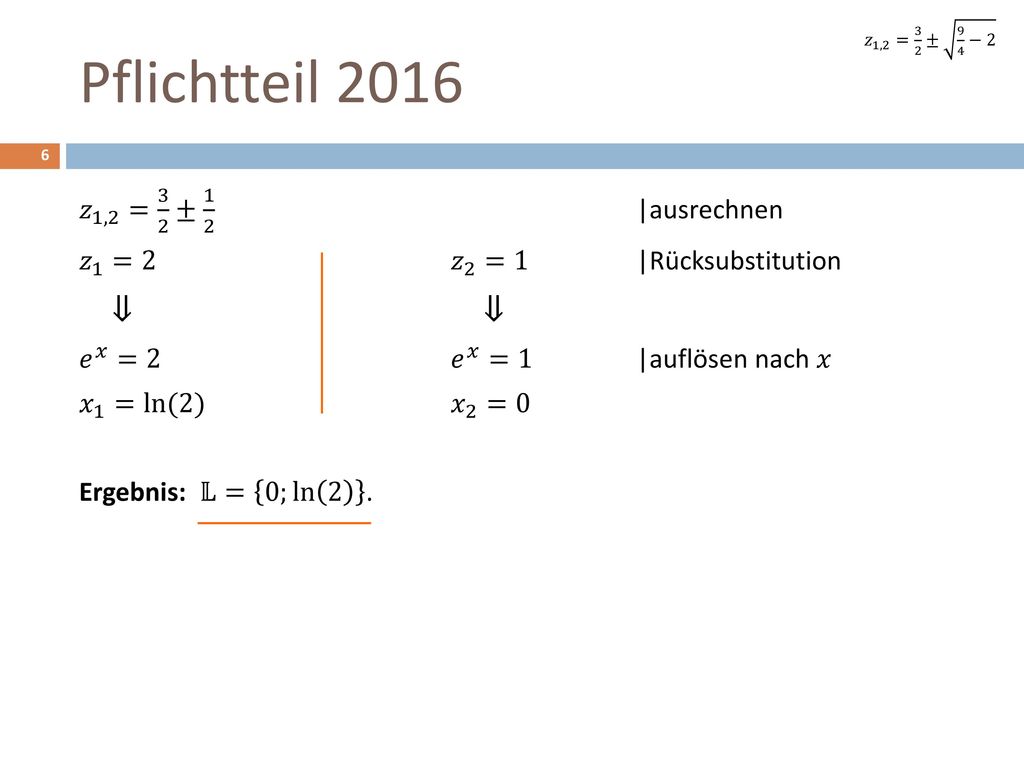 Pflichtteil 2016 ⇓ ⇓ 𝑧 1,2 = 3 2 ± 1 2 |ausrechnen