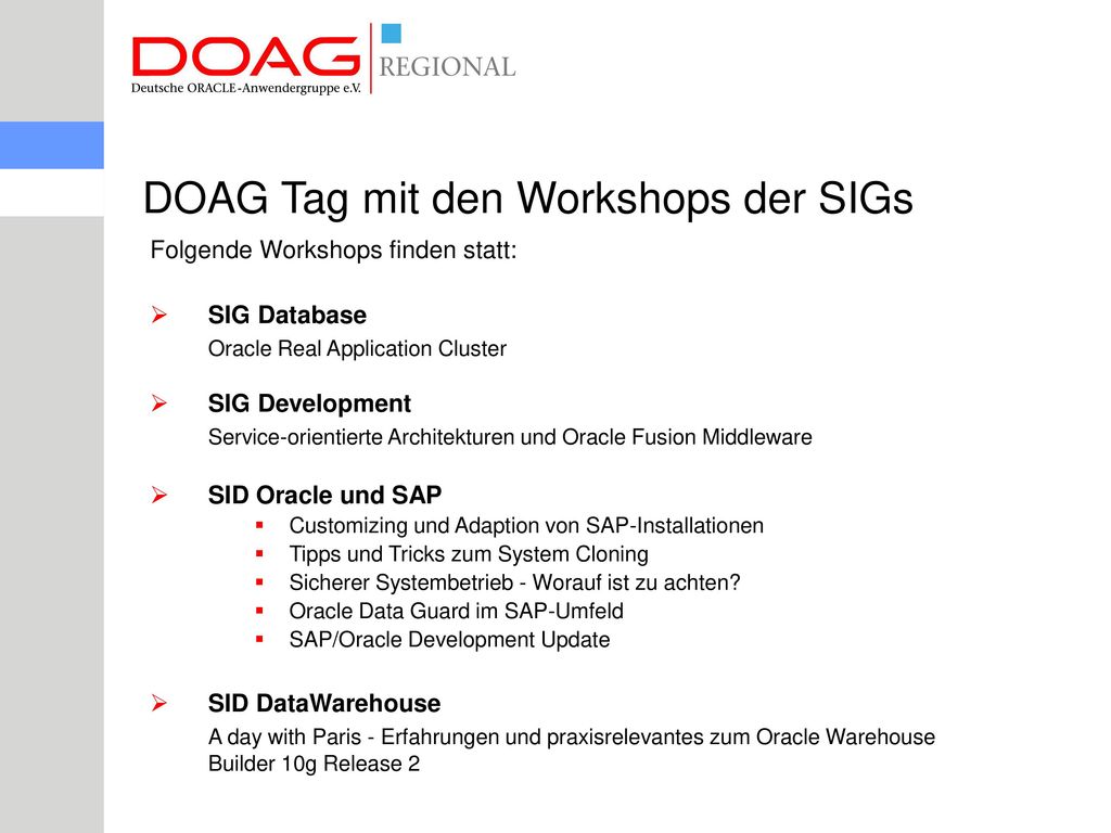 DOAG Tag mit den Workshops der SIGs