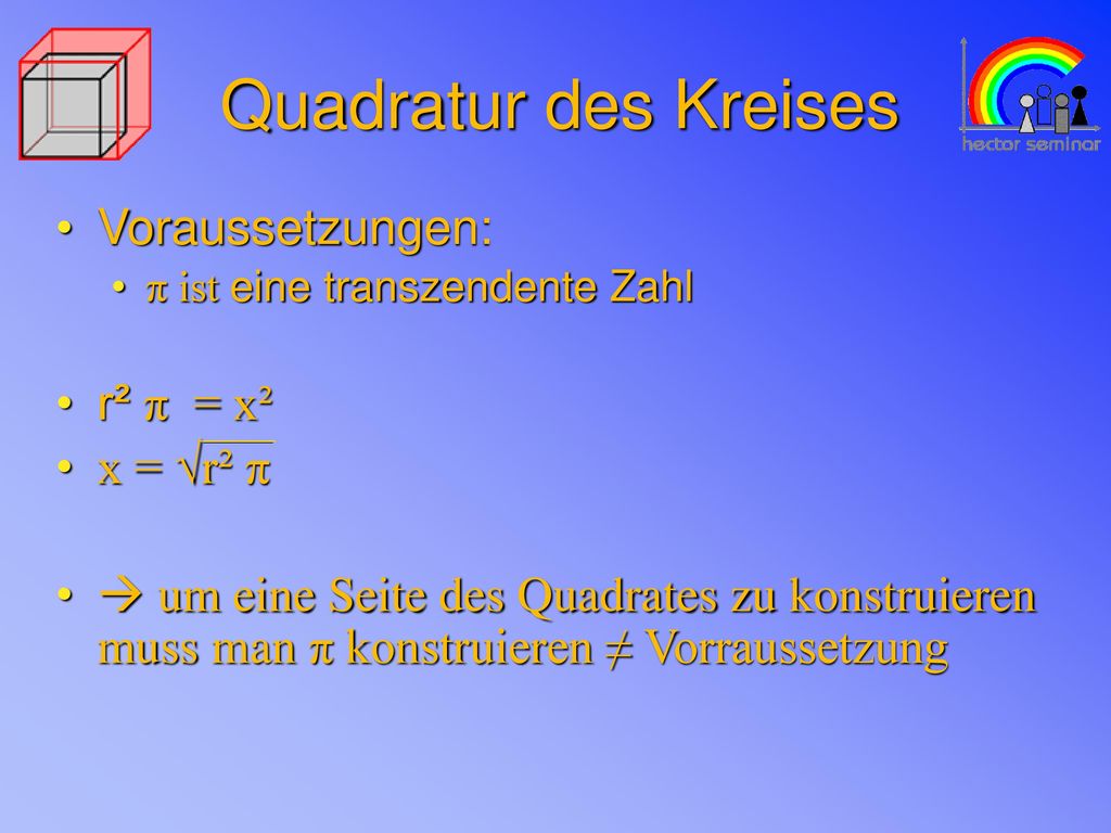 Quadratur des Kreises Voraussetzungen: r² π = x² x = √r² π