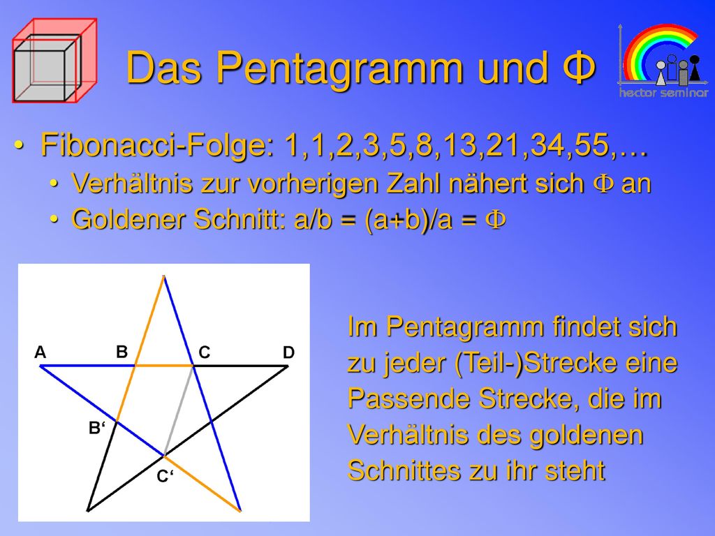 Das Pentagramm und Φ Fibonacci-Folge: 1,1,2,3,5,8,13,21,34,55,…