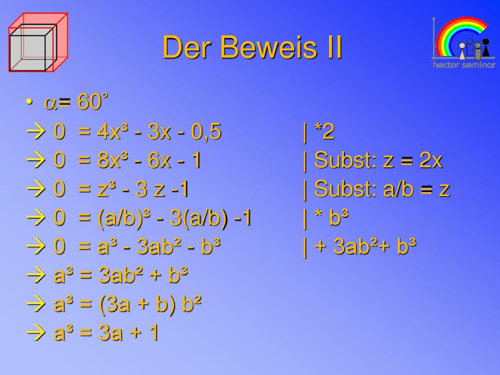 Der Beweis II a= 60° 0 = 4x³ - 3x - 0,5 | *2