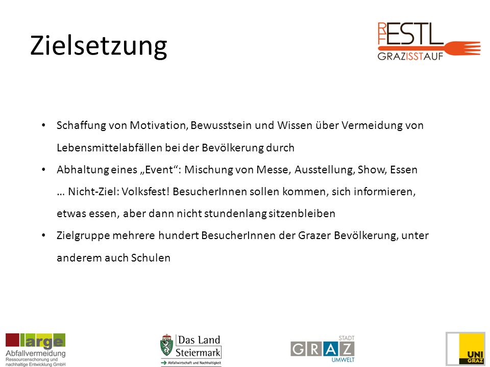 Zielsetzung Schaffung von Motivation, Bewusstsein und Wissen über Vermeidung von Lebensmittelabfällen bei der Bevölkerung durch.