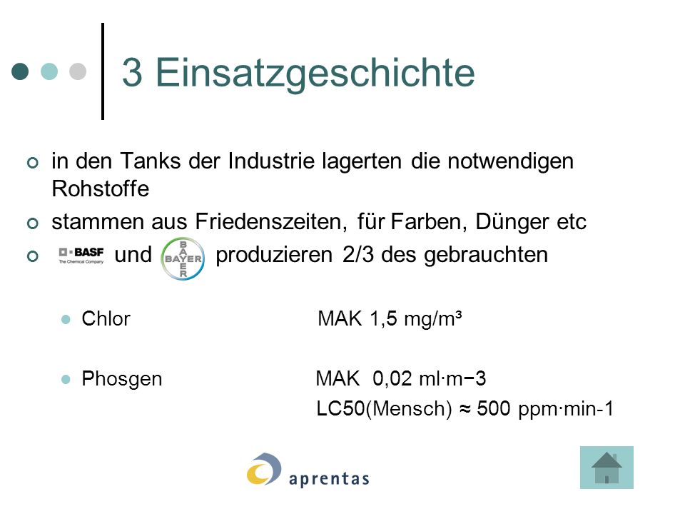 3 Einsatzgeschichte in den Tanks der Industrie lagerten die notwendigen Rohstoffe. stammen aus Friedenszeiten, für Farben, Dünger etc.
