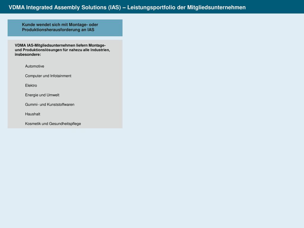 VDMA Integrated Assembly Solutions (IAS) – Leistungsportfolio der Mitgliedsunternehmen