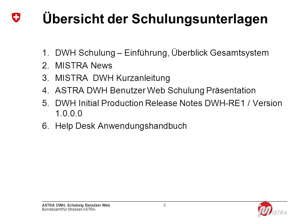 Übersicht der Schulungsunterlagen