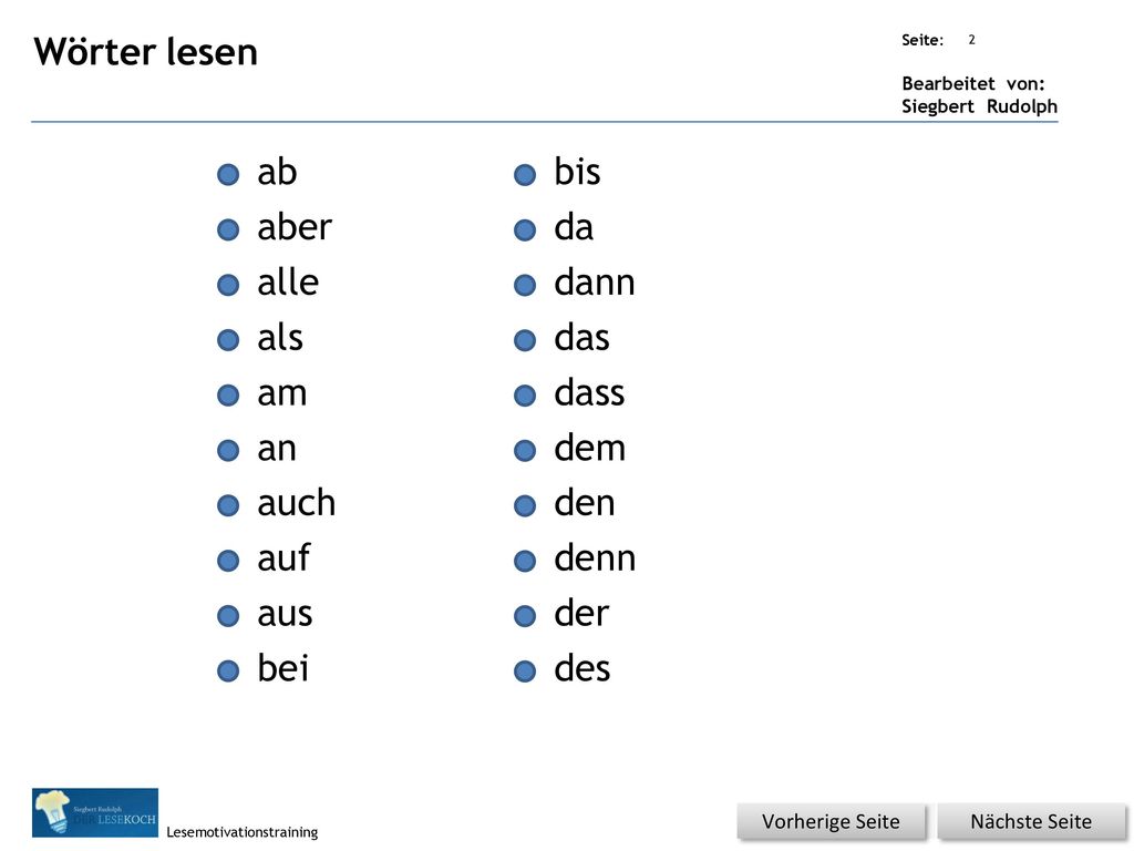 Wörter lesen ab bis aber da alle dann als das am dass an dem auch den