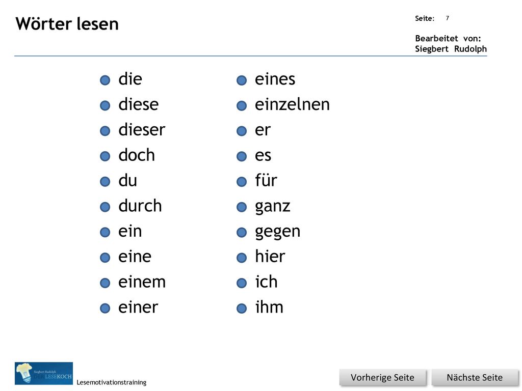 Wörter lesen die eines diese einzelnen dieser er doch es du für durch