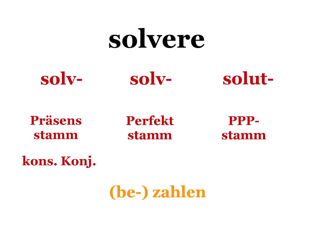 solvere solv- solv- solut- (be-) zahlen Präsens stamm Perfekt stamm
