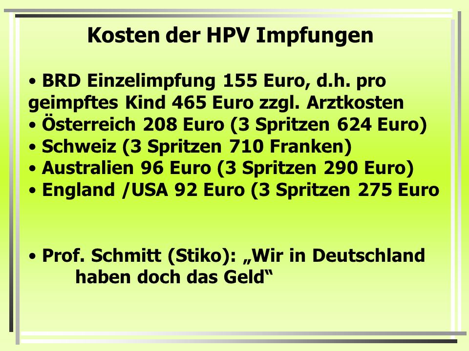 Kosten der HPV Impfungen
