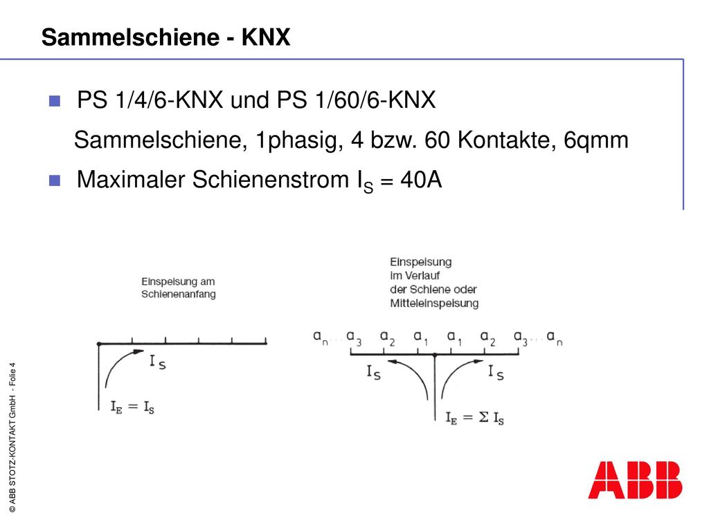Sammelschiene - KNX PS 1/4/6-KNX und PS 1/60/6-KNX. Sammelschiene, 1phasig, 4 bzw. 60 Kontakte, 6qmm.