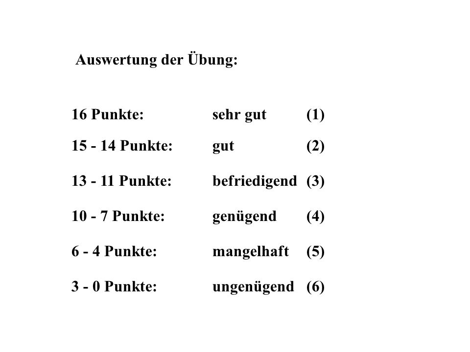 Auswertung der Übung: 16 Punkte: sehr gut (1) Punkte: gut (2) Punkte: befriedigend (3)