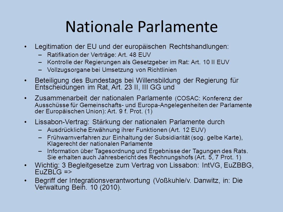 Nationale Parlamente Legitimation der EU und der europäischen Rechtshandlungen: Ratifikation der Verträge: Art. 48 EUV.