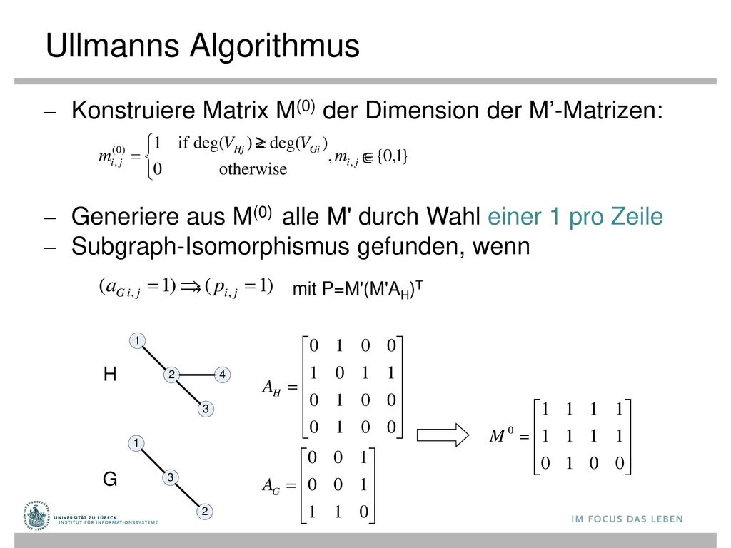 Ullmanns Algorithmus Konstruiere Matrix M(0) der Dimension der M’-Matrizen: Generiere aus M(0) alle M durch Wahl einer 1 pro Zeile.