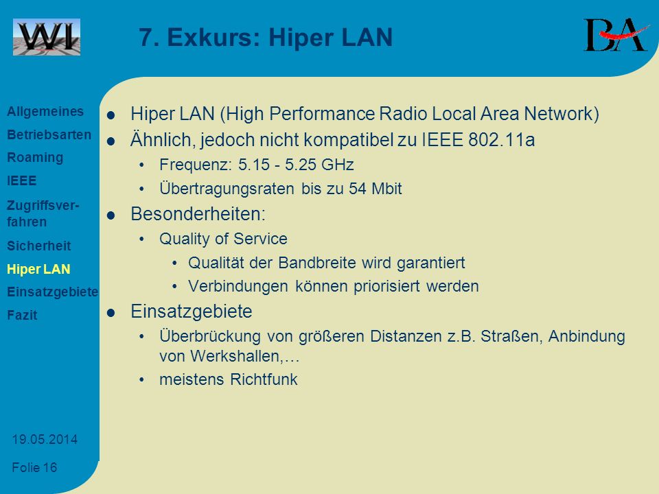 7. Exkurs: Hiper LAN Allgemeines. Betriebsarten. Roaming. IEEE. Zugriffsver- fahren. Sicherheit.