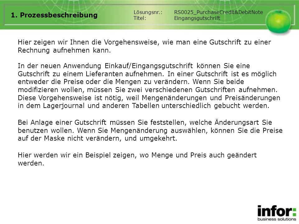 1. Prozessbeschreibung Lösungsnr.: RS0025_PurchaseCredit&DebitNote. Titel: Eingangsgutschrift.