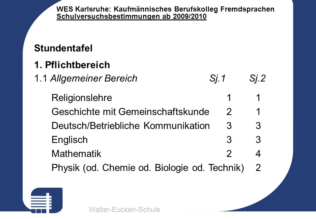 Stundentafel Pflichtbereich. 1.1 Allgemeiner Bereich Sj.1 Sj.2. Religionslehre 1 1. Geschichte mit Gemeinschaftskunde 2 1.