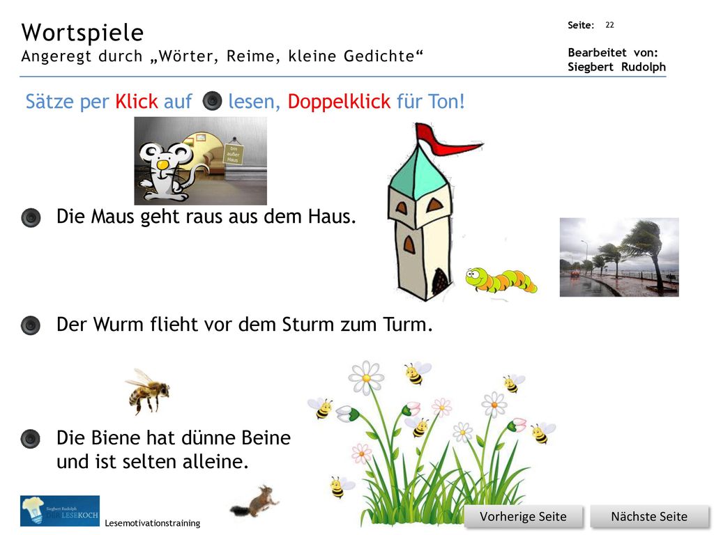 Wortspiele Sätze per Klick auf lesen, Doppelklick für Ton!