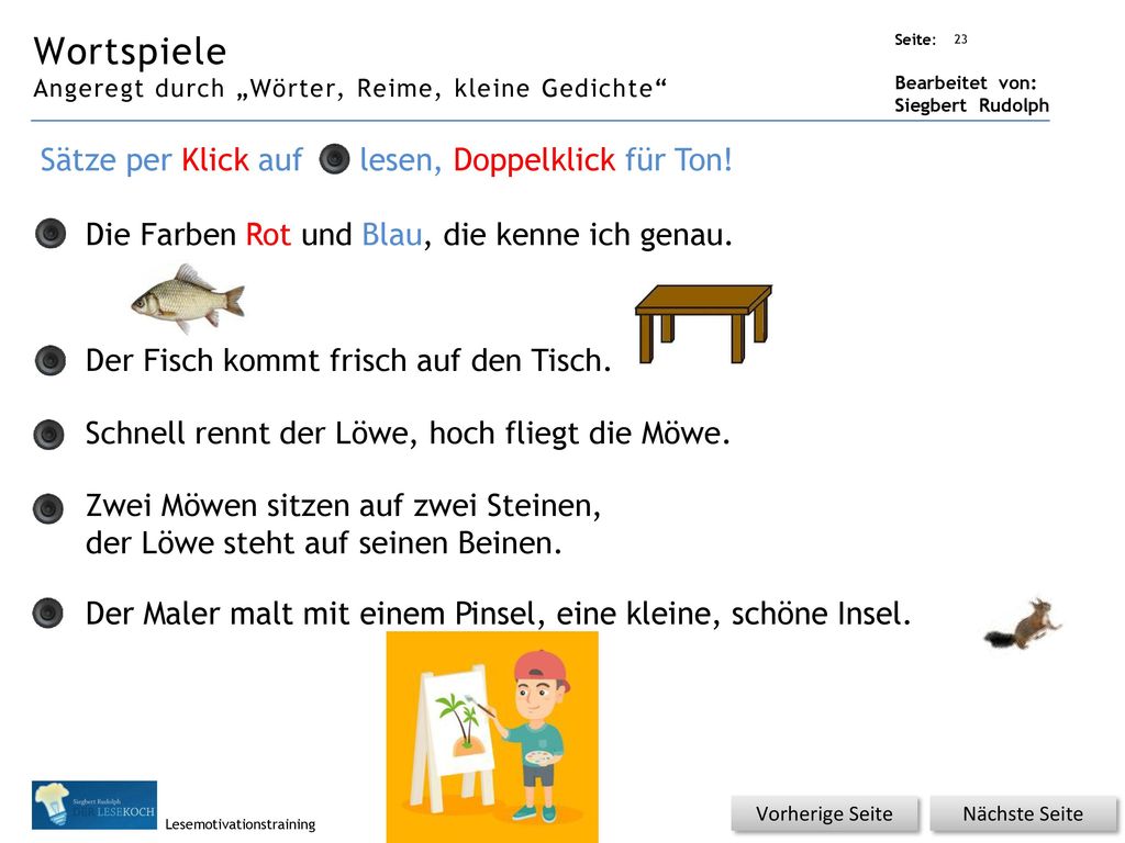 Wortspiele Sätze per Klick auf lesen, Doppelklick für Ton!