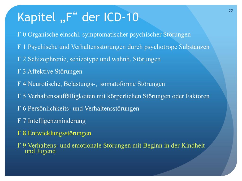 Kapitel „F der ICD-10 F 0 Organische einschl. symptomatischer psychischer Störungen.