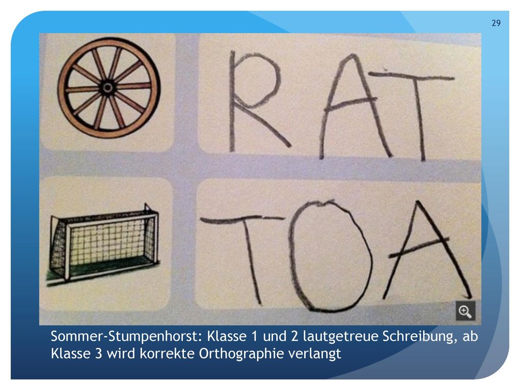 Sommer-Stumpenhorst: Klasse 1 und 2 lautgetreue Schreibung, ab Klasse 3 wird korrekte Orthographie verlangt