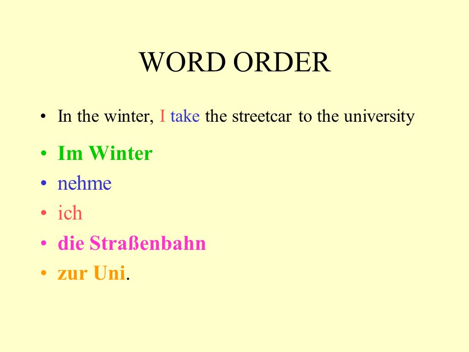 WORD ORDER Im Winter nehme ich die Straßenbahn zur Uni.
