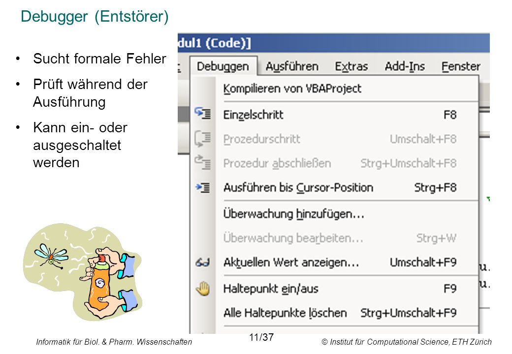 Debugger (Entstörer) Sucht formale Fehler Prüft während der Ausführung