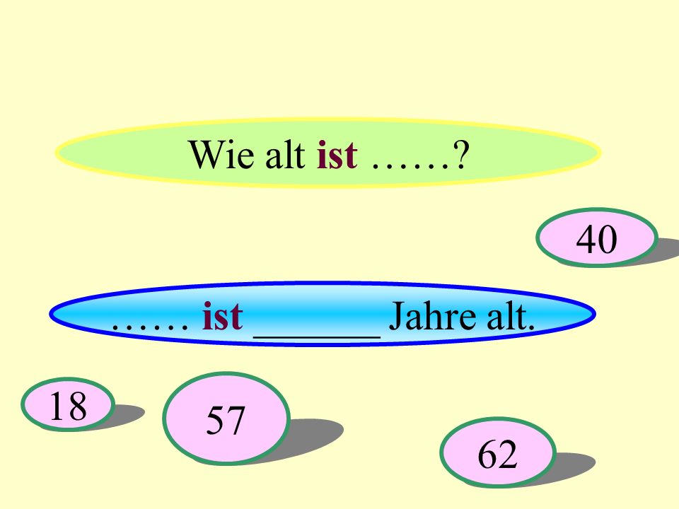 Wie alt ist …… 40 …… ist ______ Jahre alt