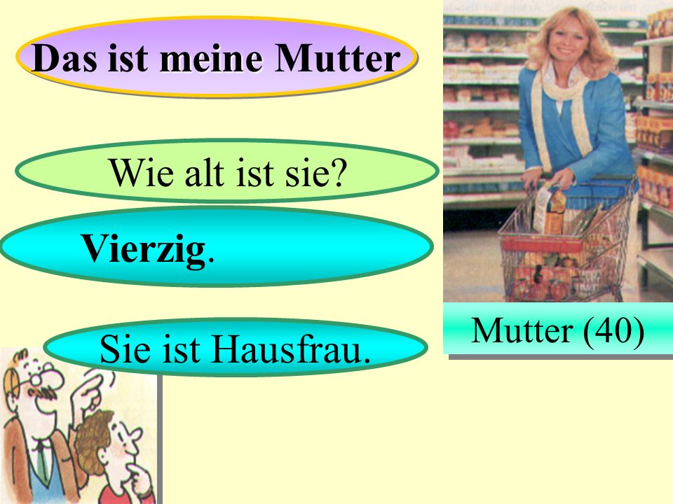 Das ist meine Mutter Wie alt ist sie Vierzig. Sie ist Hausfrau.