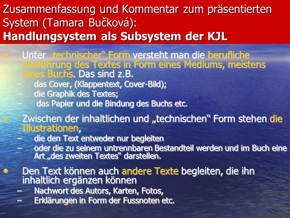 Zusammenfassung und Kommentar zum präsentierten System (Tamara Bučková): Handlungsystem als Subsystem der KJL