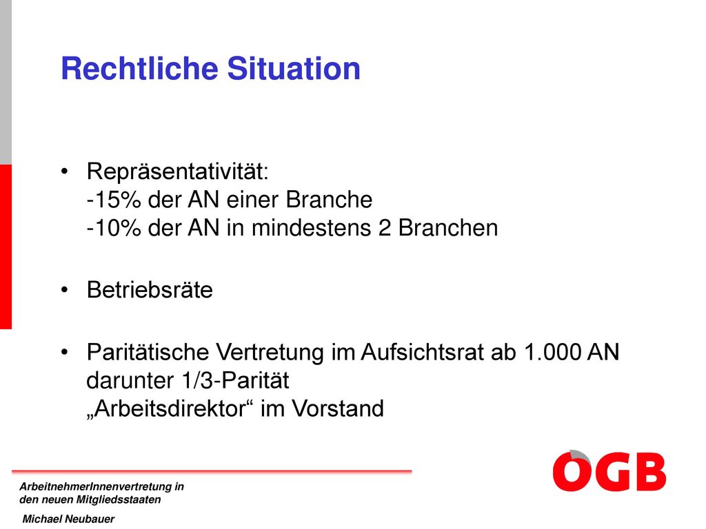 Rechtliche Situation Repräsentativität: -15% der AN einer Branche -10% der AN in mindestens 2 Branchen.