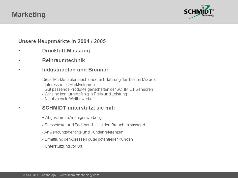 Marketing Unsere Hauptmärkte in 2004 / 2005 Druckluft-Messung