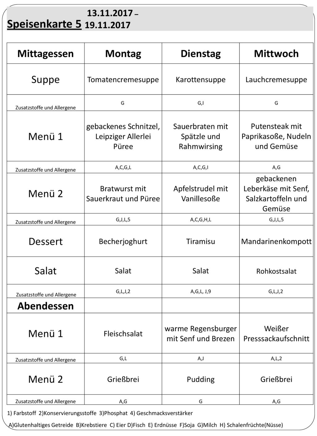 Speisenkarte 5 Mittagessen Montag Dienstag Mittwoch Suppe Menü 1