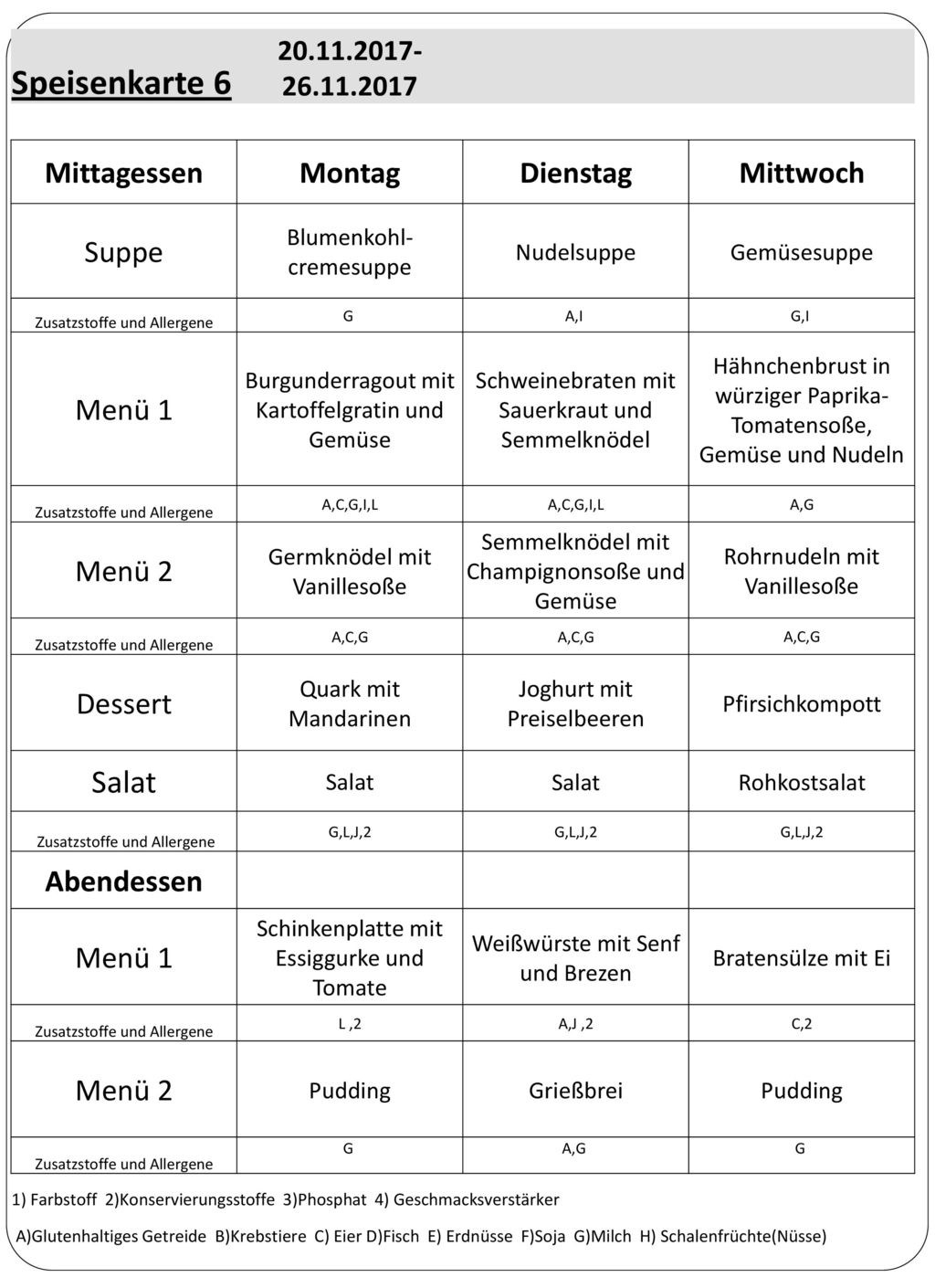 Speisenkarte 6 Salat Mittagessen Montag Dienstag Mittwoch Suppe Menü 1