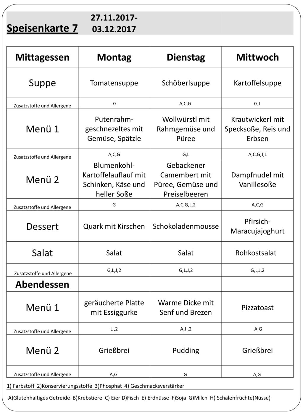 Speisenkarte 7 Mittagessen Montag Dienstag Mittwoch Suppe Menü 1