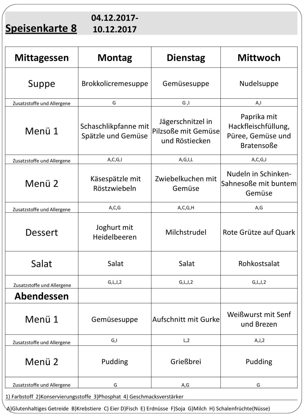 Speisenkarte 8 Mittagessen Montag Dienstag Mittwoch Suppe Menü 1