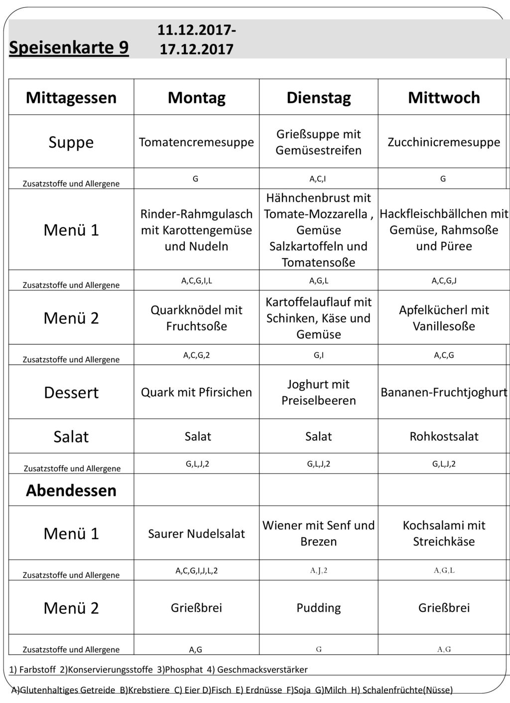Speisenkarte 9 Mittagessen Montag Dienstag Mittwoch Suppe Menü 1