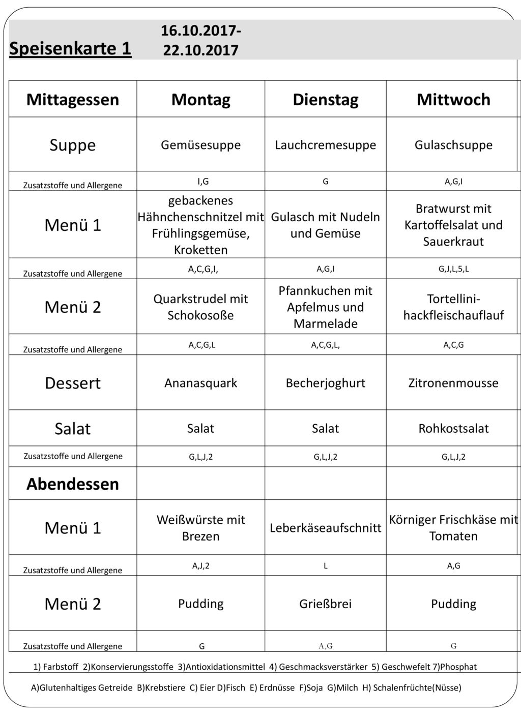 Speisenkarte 1 Mittagessen Montag Dienstag Mittwoch Suppe Menü 1