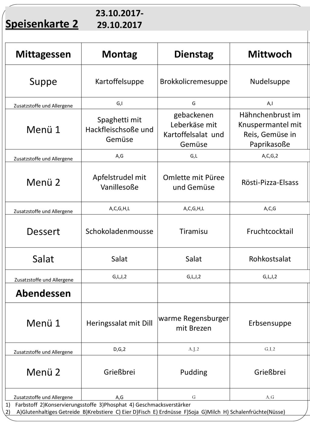 Speisenkarte 2 Mittagessen Montag Dienstag Mittwoch Suppe Menü 1