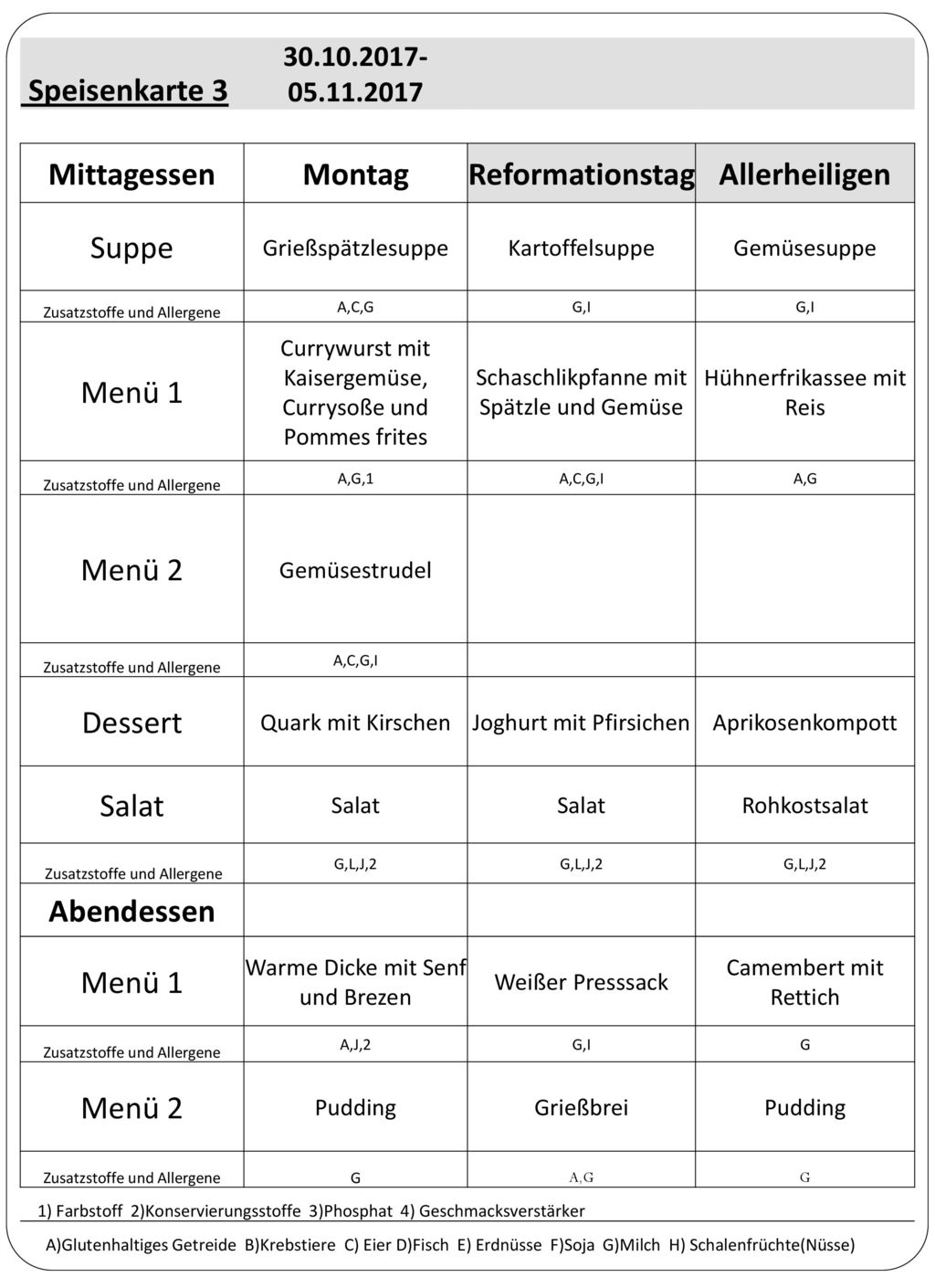 Mittagessen Montag Reformationstag Allerheiligen Abendessen