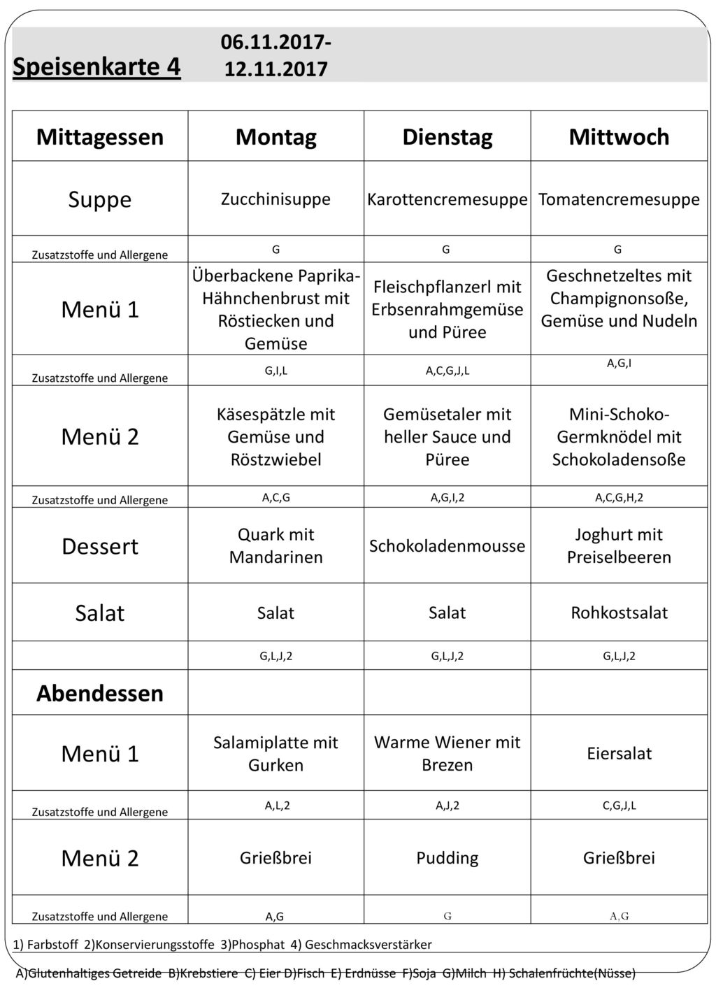 Speisenkarte 4 Mittagessen Montag Dienstag Mittwoch Suppe Menü 1
